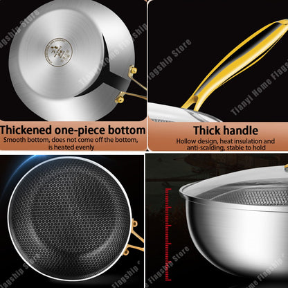 Panela Wok de Aço Inoxidável 316 Antiaderente Favo de Mel para Cozinhar Bife Fogão a Gás Panela de Indução Geral Utensílio de Cozinha