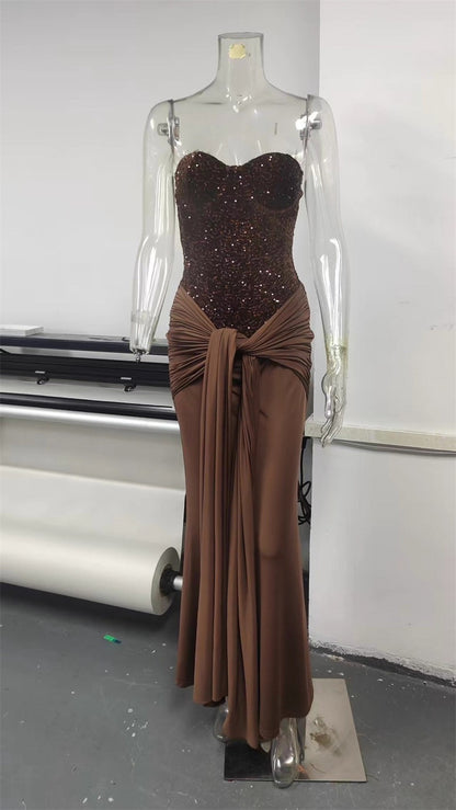 Mozision Sparkle Off-shoulder Sexy Maxi Dress Women Elegant Glitter Strapless Backless Sleeveless Draped Ruched Club Party Dress