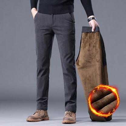 New Fleece Pants Men Casual Work Business Trousers Winter Corduroy Straight Slim Pants Outdoor Streetwear Thick Warm Sweatpants