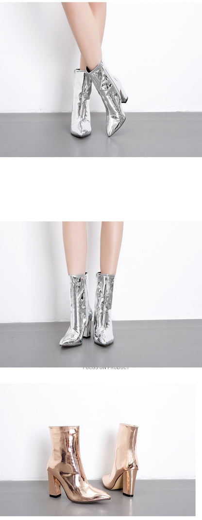 Aneikeh 2025 Spring Fashion Silver Patent Leather Women Ankle Boots Pointed Toe Square High Heels Shoes Chelsea Botas De Mujer