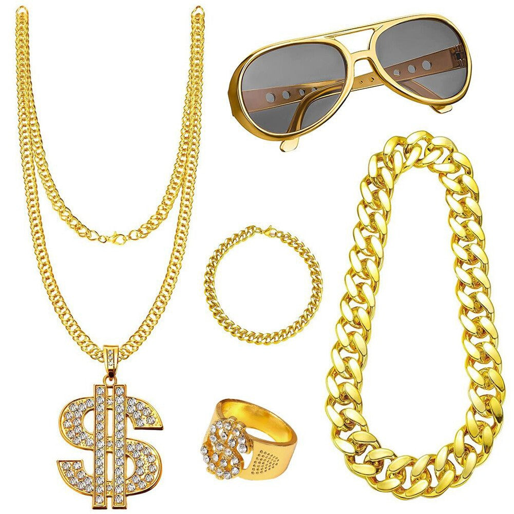 80s 90s Costume Outfit Set Big Gold Chain 80s/90s Rapper Accessories Glasses Bracelet Hip Hop Fancy Dress Costumes for Men Women