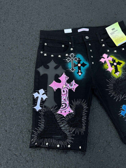 Y2K Willow Nail Denim Shorts Men Women Gothic Punk Style Embroidered Applique Design Loose Casual Jeans Fashion Retro Streetwear