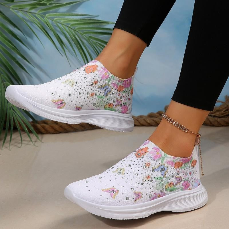 Floral Crystal Decor Slip On Sneakers Women Plus Size 35-43 Breathable Mesh Sports Shoes Woman Comfortable Soft Sole Flats Shoes