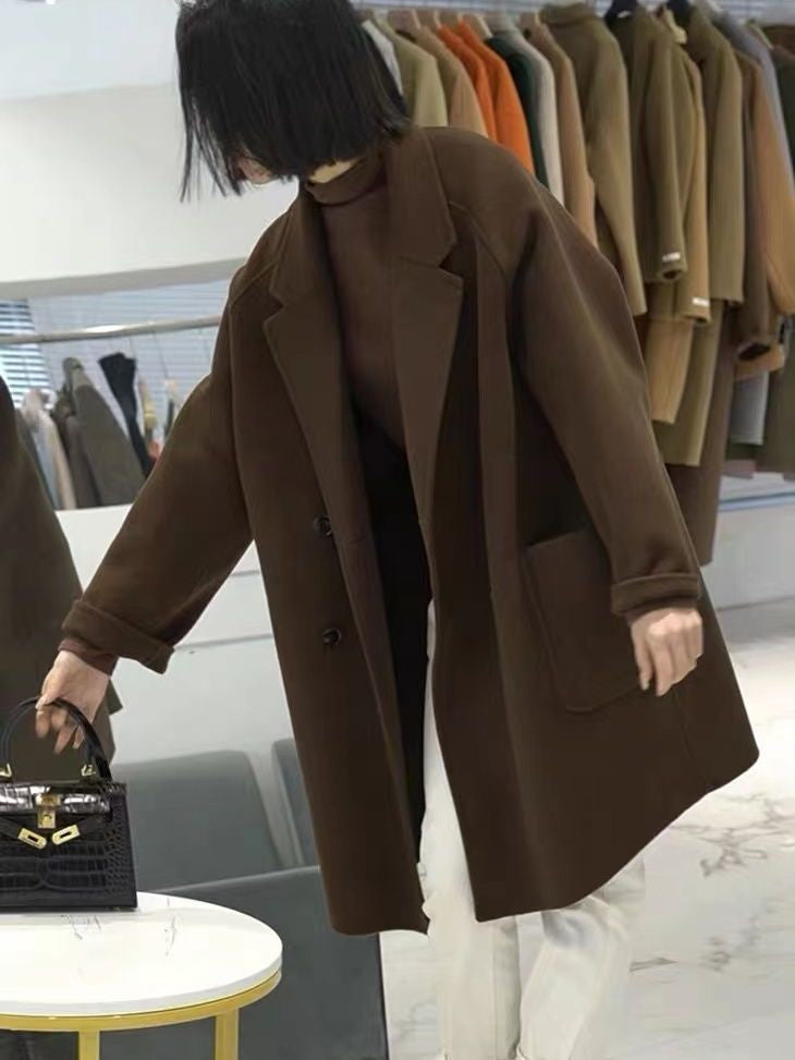 Plus Size Double-Sided Woolen Jacket Women's Midi Length Single-Breasted Loose Fit Fashionable Korean Style Suit Collar Macar...