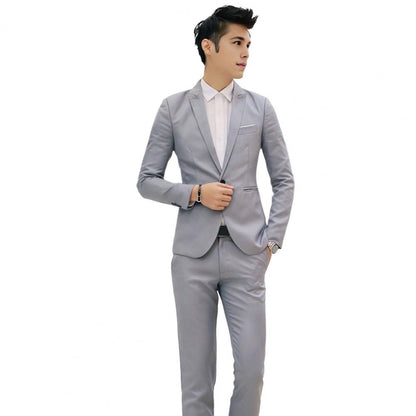 2Pcs/Set Men Slim Fit Suit Set Lapel Long Sleeve Single Button Suit Coat Mid-rise Long Pants Set Solid Color Business Outfit