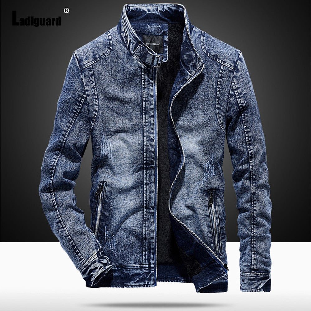 Garmenting Men Demin Jackets Trendy 2021 Autumn Winter Mandarin Collar Outerwear Zipper Up Demin Jacket Slim Fitted Male Clothes
