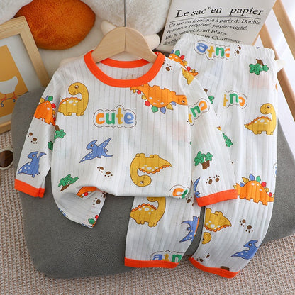 Kids Boys Girls Summer Cotton Thin Pajamas Cute Cartoon Print Long Sleeve T-shirt Tops+Pants Baby Clothing Sets