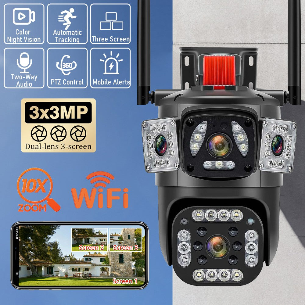 9MP 8K WiFi Camera Outdoor 10X Zoom Three Lens Dual Screen PTZ Waterproof Surveillance Security Video Street Camera