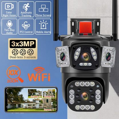 9MP 8K WiFi Camera Outdoor 10X Zoom Three Lens Dual Screen PTZ Waterproof Surveillance Security Video Street Camera