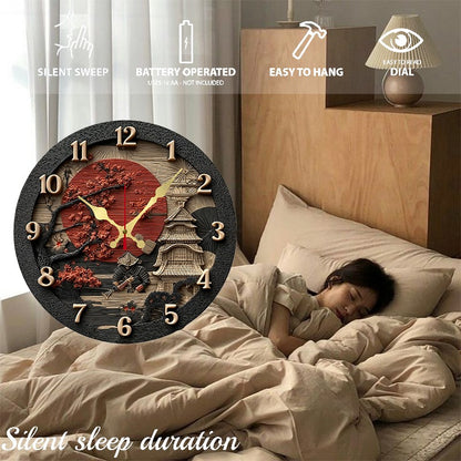 Samurai Themed Wooden Round Silent Hanging Wall Clock, Suitable For Living Room, Office, Study Room, Bedroom, Home Decoration