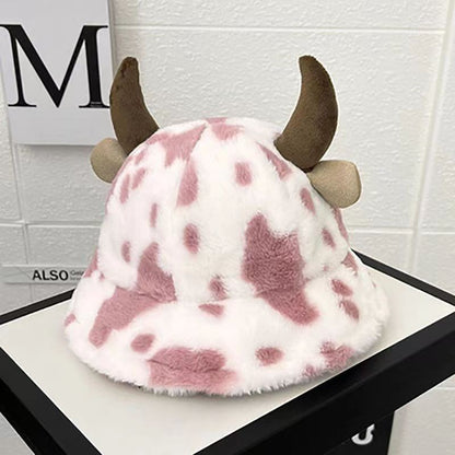 Autumn and winter new cow print horn fisherman hat female print Korean fashion plush thickened warm basin hat