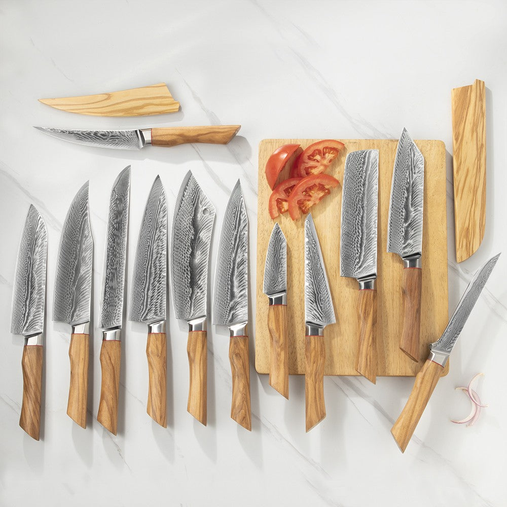 Conjunto de facas de cozinha para chef Damasco 67-LAY, faca japonesa Santoku Nakiri, faca utilitária, faca para desossar, faca de cozinha com cabo de madeira de oliveira HD