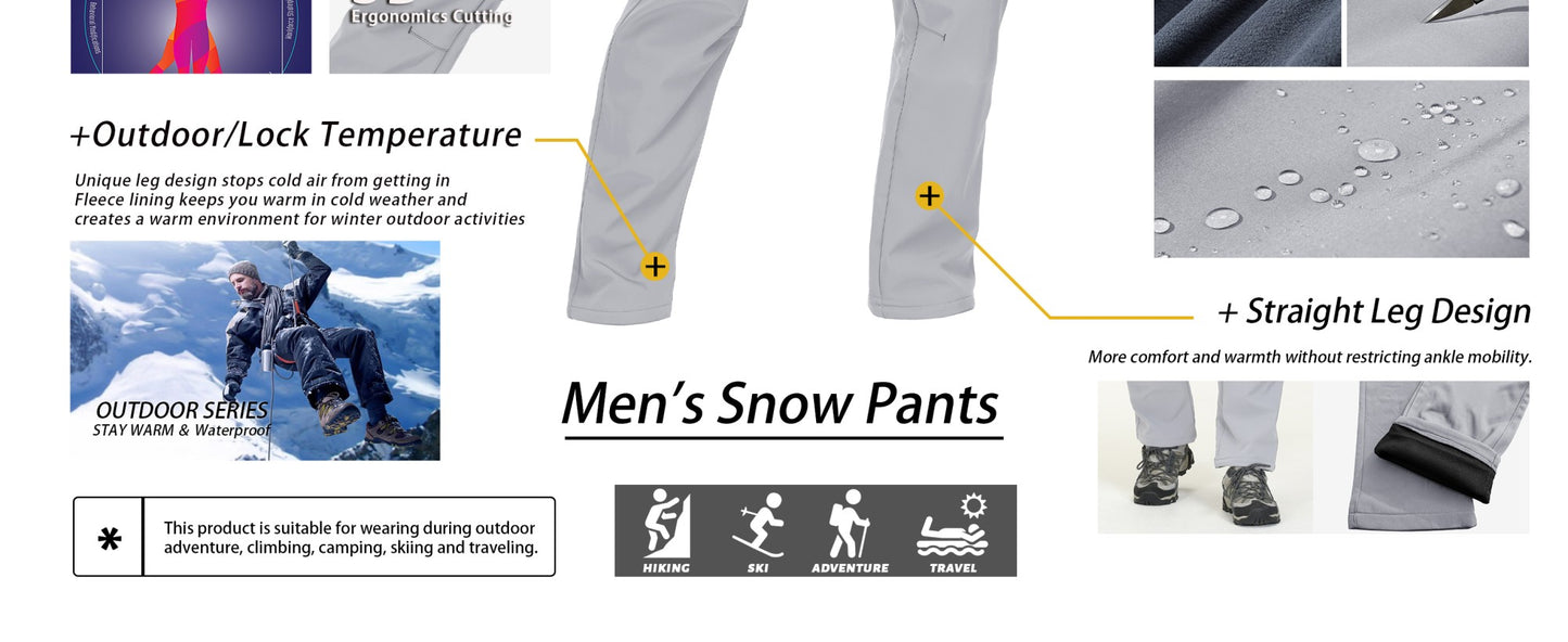 KEFITEVD Men's Winter Warm Snow Skiing Pants Waterproof Windproof Hunting Hiking Pants Trousers Outdoor Fleece Soft Shell Pants