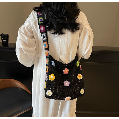 Women's Boho Crochet Bag Designer Flowers Knitted Handbags Large Capacity Summer Beach Woven Shoulder Bag Girls Tote Shopper Bag