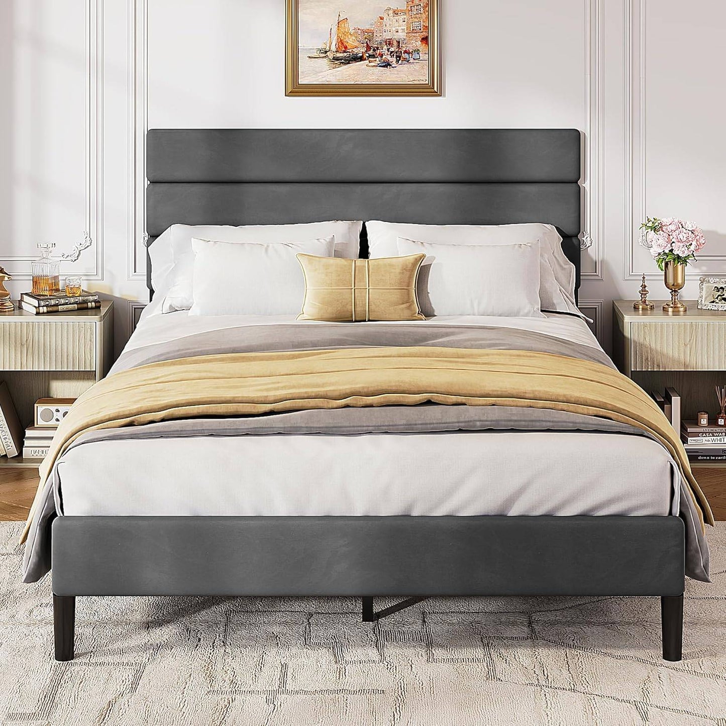 Full Size Upholstered Bed Frame, Velvet Square Tufted Headboard,Sturdy Metal & Wooden Slats Support, No Box Spring Neede