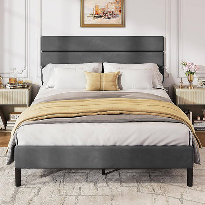Full Size Upholstered Bed Frame, Velvet Square Tufted Headboard,Sturdy Metal & Wooden Slats Support, No Box Spring Neede