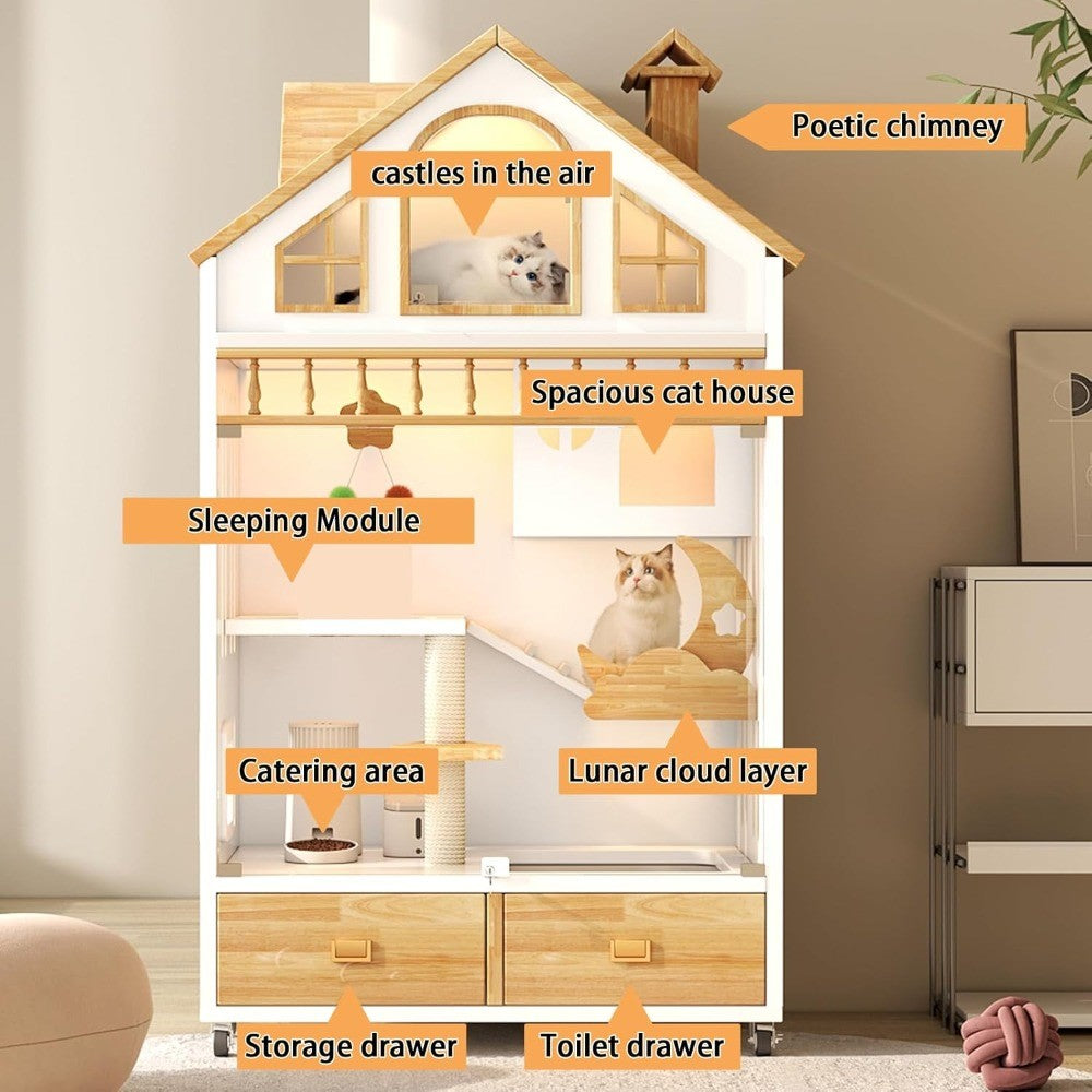Condomínio para Gatos Fechado, Grande Casa de Madeira para Gatos Gaiola Interna Recinto para Gatos com Rodas, Condomínio Fechado com Múltiplos Recursos e Caixa de Areia