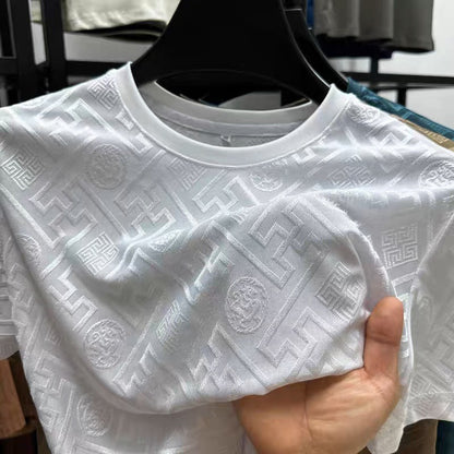 2024 Summer Ice Silk Men's Jacquard Short Sleeve T-shirt High end Brand Fashion Jacquard Cool Breathable Casual Round Neck Top