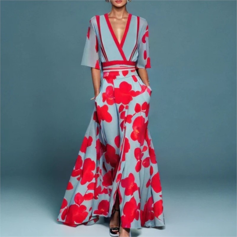 Women Fashion 2024 Spring V Neck Belted Party Long Dress Sexy Printing A-Line Bo