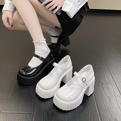 Sapatos femininos com salto plataforma grosso e alto, estilo Mary Jane, em couro PU, fivela no tornozelo, salto grosso, brancos, estilo Lolita, outono 2023
