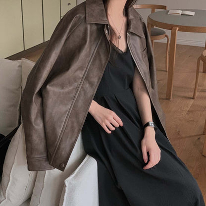 Sli Loose PU Leather Jaet Women's Chic Retro Collar Versatile BF Sle Motorcycle Clothes Trendy Long Sve Zipper