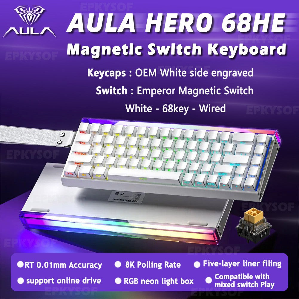 Teclado Mecânico para Jogos RGB com Switches Magnéticos AULA HERO 68HE Teclado para eSports com Acionamento Rápido e Retorno de 8K com Fio Personalizado