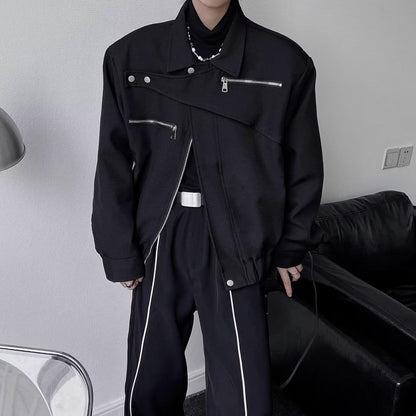 Yamamoto Dark Style Asymmetrical Design Short Lapel Zipper Deconstruction High-end Flying Jacket Jacket for Men