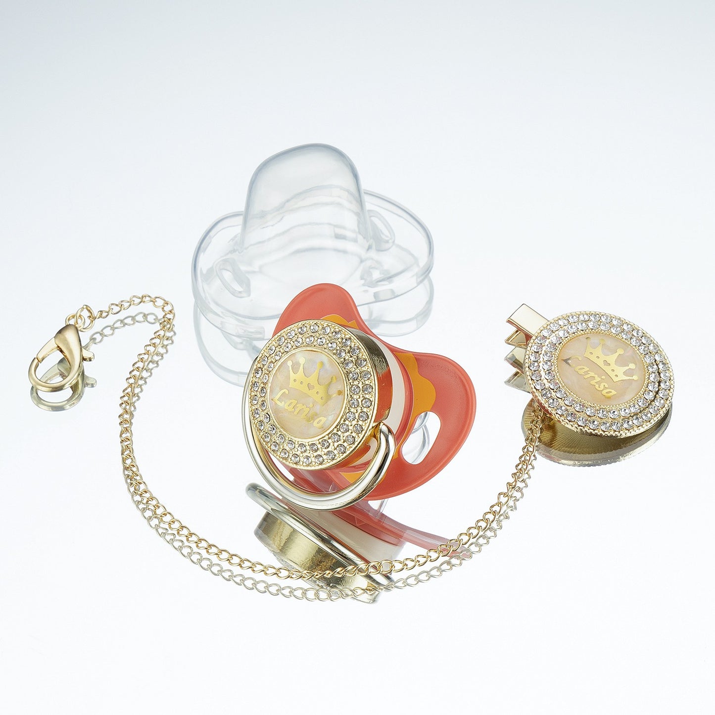 Miyocar Bling Custom Pink Brave Lion Pacifiers Bring 3 Replacement Silicone Teat Include All Size for Boy Girl Baby Shower Gift