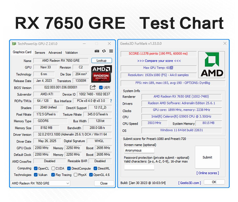 MLLSE AMD RX7650 GRE 8GB Placa de Vídeo para Jogos GDDR6 128Bit PCI-E 4.0×8 8Pin Radeon GPU Rx 7650 Placa De Vídeo para Jogos
