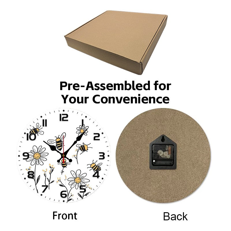 Bee And Daisy Wooden Round Silent Hanging Wall Clock, Suitable For Living Room, Office, Study Room, Bedroom, Home Decoration