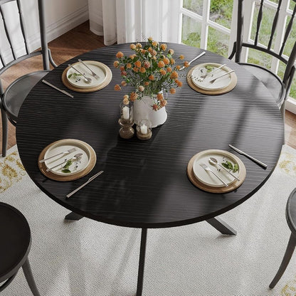 47.2 Inch Round Farmhouse Dining Table, Wooden Kitchen Table for 4, Black Circle Table for Dining Room