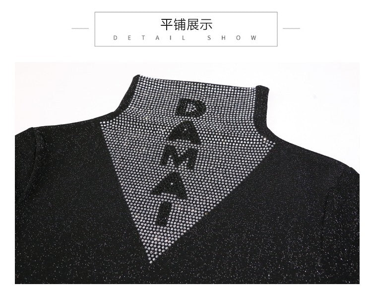 2025 European Station Long Sleeve Women Tees Autumn Winter New Stand collar Hot Diamond T Shirt Fashion Slim Mesh Tops