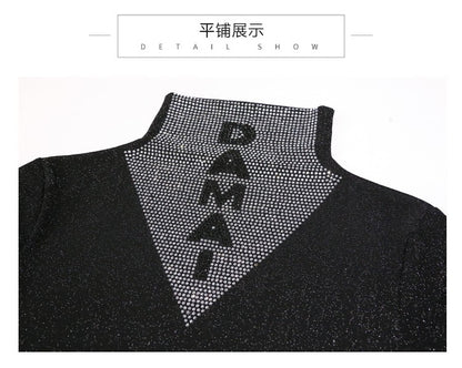 2025 European Station Long Sleeve Women Tees Autumn Winter New Stand collar Hot Diamond T Shirt Fashion Slim Mesh Tops