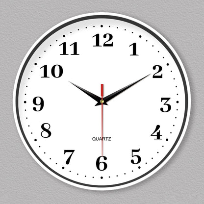 An 8-inch silent wall clock, modern white wall clock with simple design, battery operated quartz clock, adorns the family living