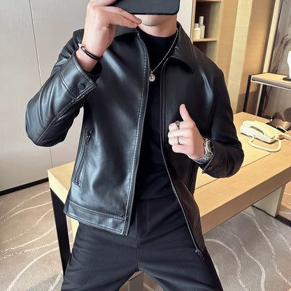 Men's Winter Faux Leather Turn Down Collar Warm Coat Windproof High Quality Men's PU Leather Jacket Motorcycle Casual Clothing