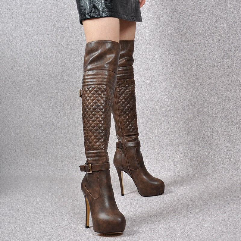 Onlymaker Women Over The Knee Boots Thin High Heel Lady Black Metal Chain Decoration Zipper Female Platform Boots