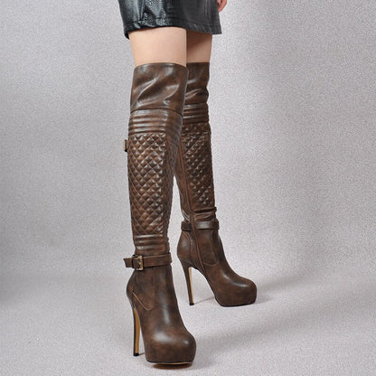 Onlymaker Women Over The Knee Boots Thin High Heel Lady Black Metal Chain Decoration Zipper Female Platform Boots