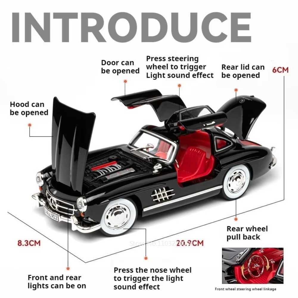 1:24 300SL W140 Carro de Brinquedo Modelo de Liga Fundido com Luz e Som, Carroceria Aberta, Modelos em Miniatura, Brinquedos Clássicos de Presente para Meninos