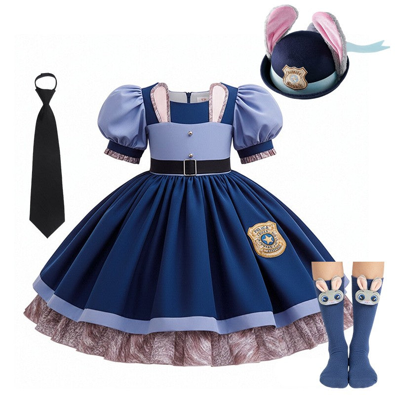 Kids Girls Cute Rabbit Police Officer Fancy Costume Dress Outfit for Halloween Cosplay Birthday Purim Carnival Stage Party Wear