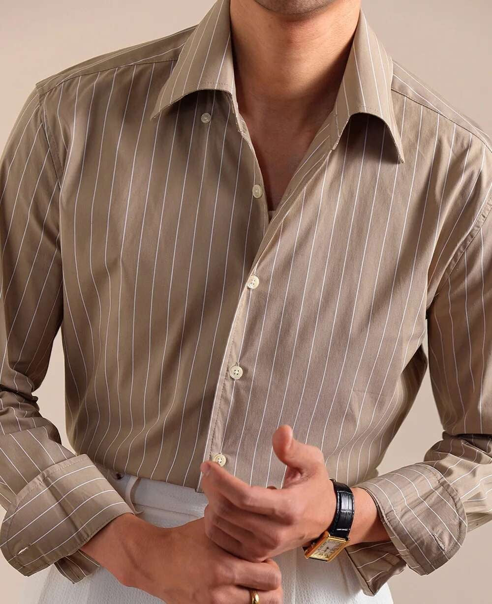 Cotton Blend Striped Casual Italian Style One Piece Collar Long Sleeved Shirt Men High Count Cotton Gentleman Business Shirt Men