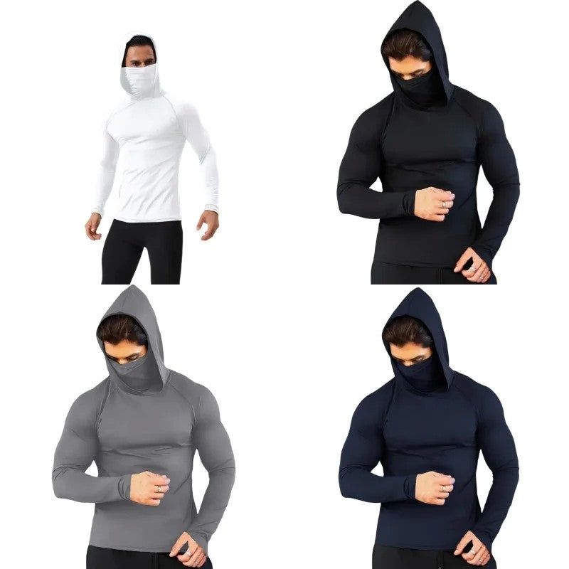 Men Compression t Shirt Soild Casual t-Shirt Long Sleeve Fitness Tops Running Gym t-Shirts Hooded Shirts With Mask Male Clothes