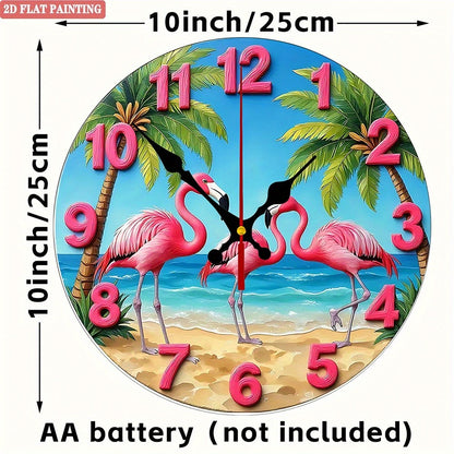 Tropical Flamingo Wall Clock. Round coastal design for living room or bedroom.