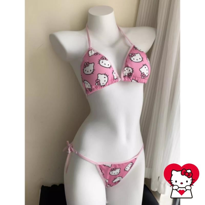 2Pcs Sanrio Cute Swimsuit Hello Kittys Girl Kawaii New Style Bikini Vacation Comfortable Two Piece Set Cartoon High End Gifts