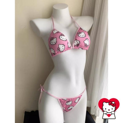 2Pcs Sanrio Cute Swimsuit Hello Kittys Girl Kawaii New Style Bikini Vacation Comfortable Two Piece Set Cartoon High End Gifts