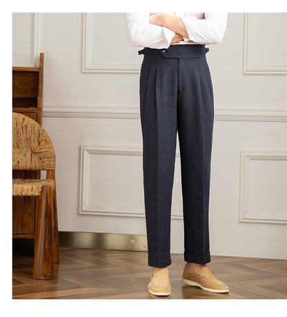 Three Gentleman Summer Naples Casual Straight Pants Men's Commuting Cotton and Linen Comfortable Breathable High Waist Pants