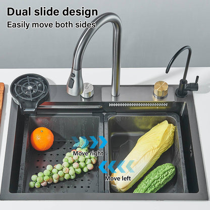 304 Stainless Steel Waterfall Kitchen Sink Sink Large Single basin With Large Single Slot Sink Above Counter With Cup Disher