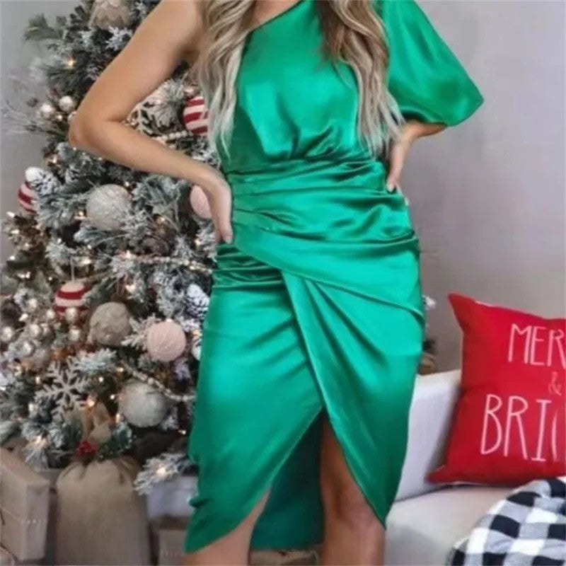 Elegant High-end Feel Women's Evening Dress Solid Color Irregular Midwaist Cross