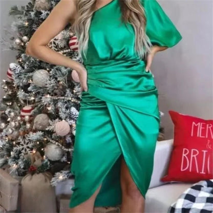 Elegant High-end Feel Women's Evening Dress Solid Color Irregular Midwaist Cross