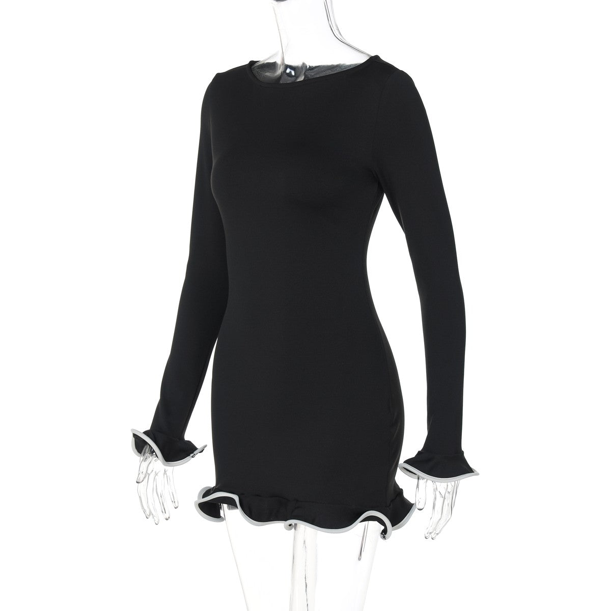 Dulzura O-Neck Long Sleeves Ruffles Patchwork Bodycon Mini Dress Sexy Elegant Ou