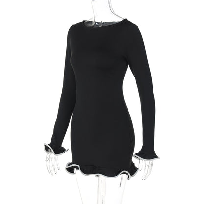 Dulzura O-Neck Long Sleeves Ruffles Patchwork Bodycon Mini Dress Sexy Elegant Ou